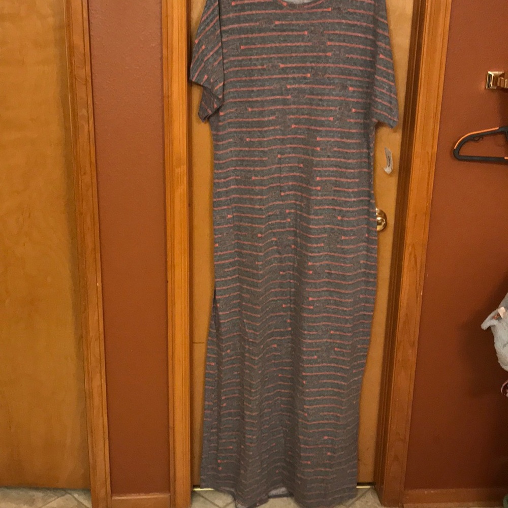 Grey, blue and red stripe floor length Maria dress